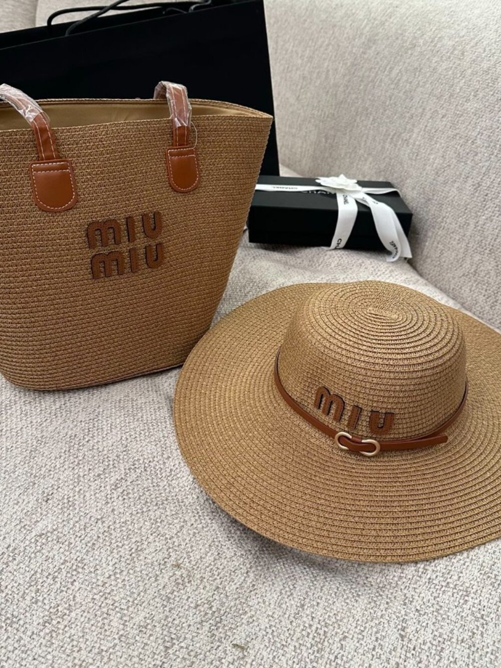 Miu Miu Straw Tote Bag & Sun Hat Set